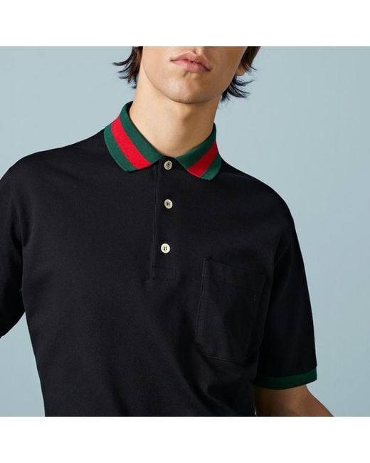 Polo in cotone piqué stretch con logo ricamato di Gucci in Black da Uomo