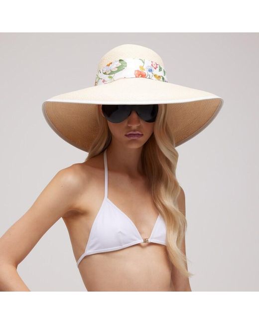 Gucci White Panama Twill Hat With Silk Ribbon