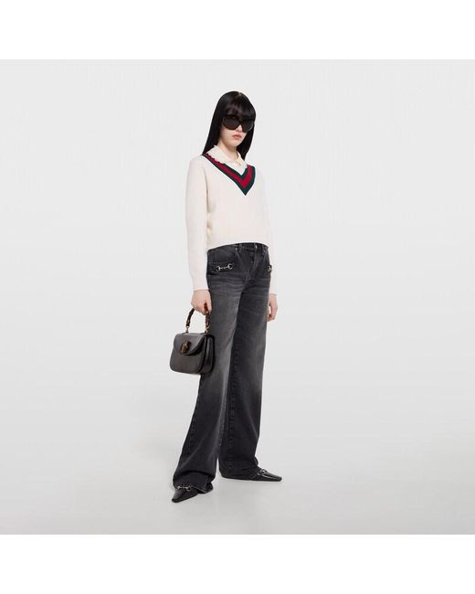 Gucci White Fine Knit Wool Sweater With Web