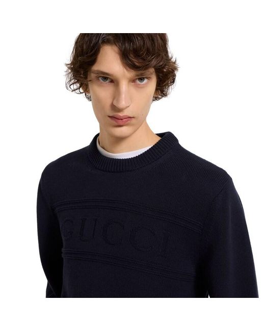 Gucci Blue Knit Cotton Wool Jumper With Intarsia for men