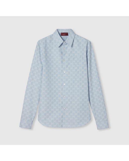 Gucci Blue Striped Gg Cotton Jacquard Shirt, Size 14 for men