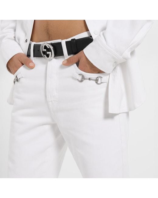 Gucci White Cotton Denim Pants With Horsebit Detail for men