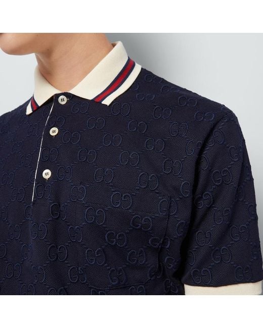 Gucci Blue Cotton Polo Shirt With GG Embroidery for men