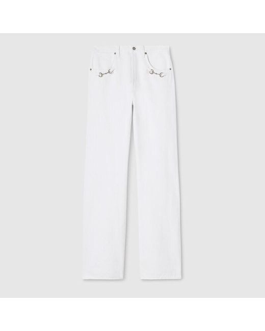 Gucci White Cotton Denim Pants With Horsebit Detail for men