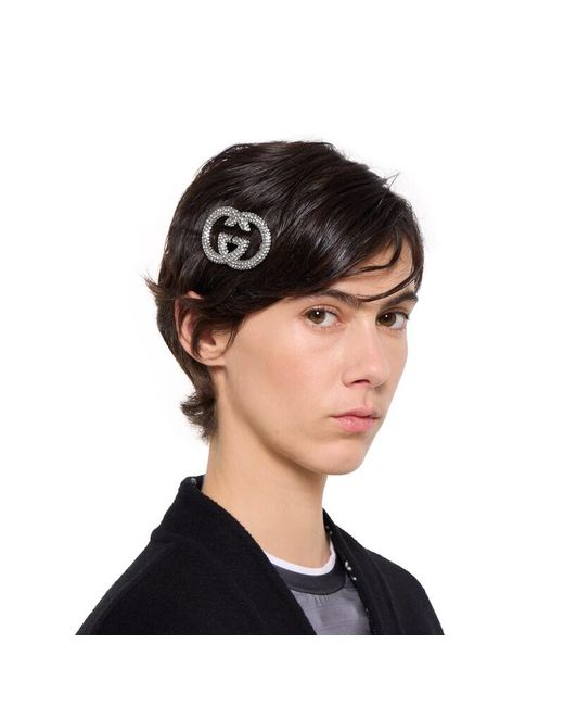 Gucci Metallic Interlocking G Hair Clip With Crystals