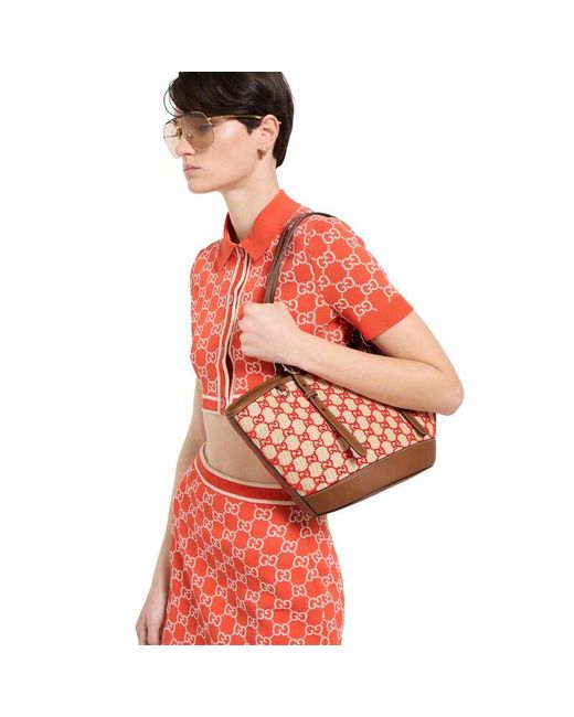 Gucci Red Woven Small Tote Bag, Gg Canvas