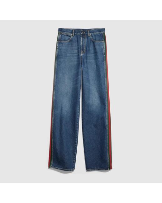 Gucci Blue Cotton Denim Pants With Web Insert for men