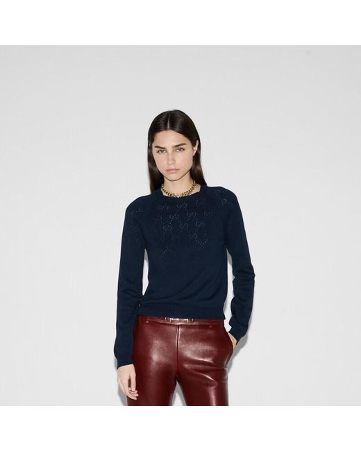 Gucci Blue Cotton Crewneck Top With Gg Argyle