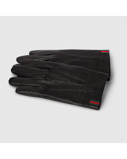 Gucci Black Grainy Leather Gloves With Web for men