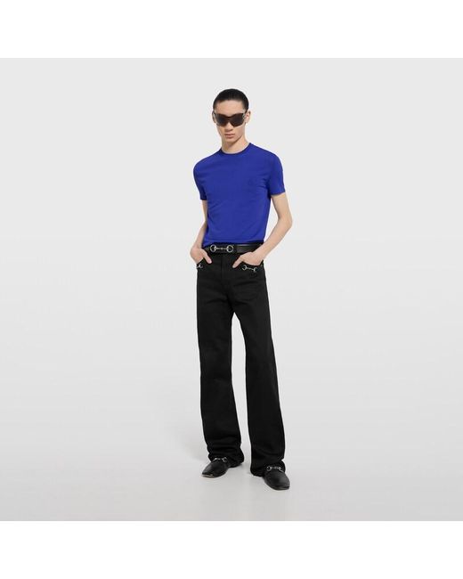 Gucci Blue Knitted T-Shirt With Embroidery, Ready-To-Wear for men