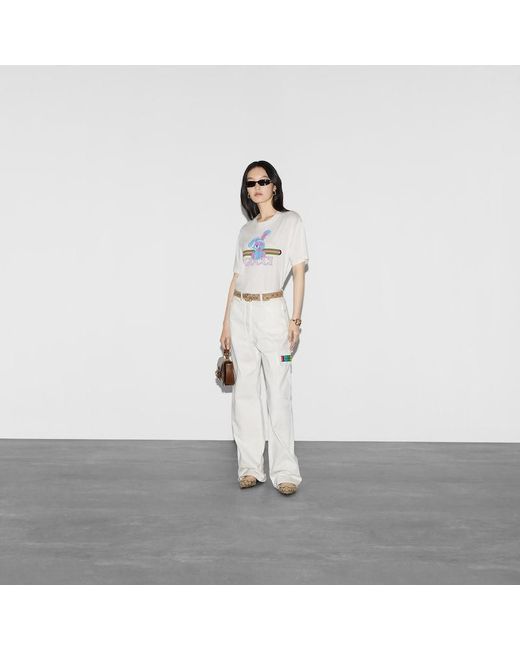 Camiseta Estampada de Punto de Algodón Gucci de color White