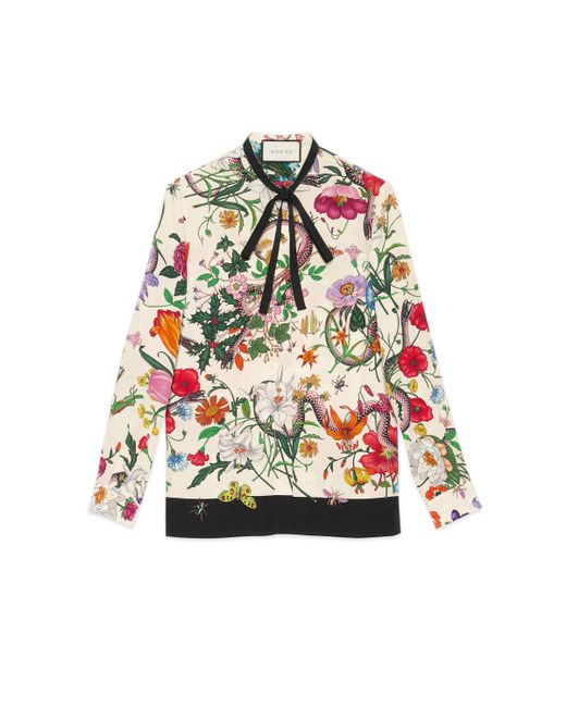 Gucci White Seidenhemd mit Blumen- und Schlangen-Print