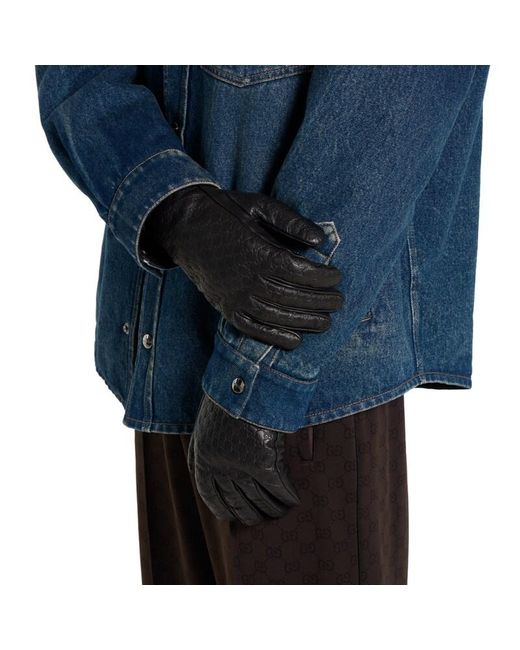 Gucci Black Embossed Gg Leather Gloves for men