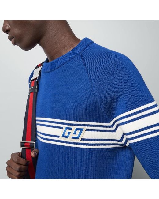 Gucci Blue Knit Wool Jumper With Square GG for men