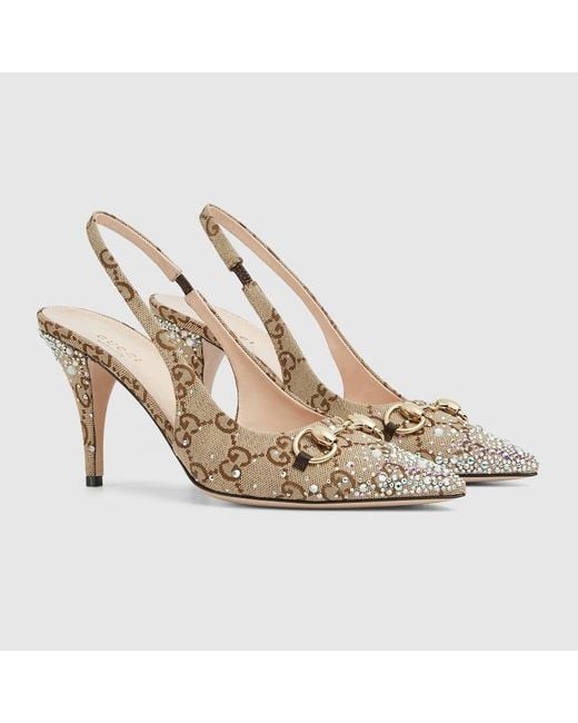 Gucci クリスタル ホースビット付き ウィメンズ スリングバック パンプス, ベージュ, ファブリック Metallic