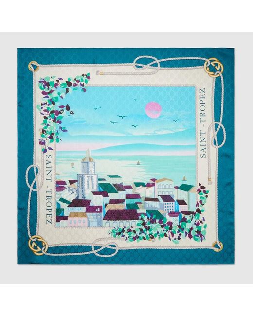 Gucci Blue Printed 'Saint-Tropez' Silk Carré