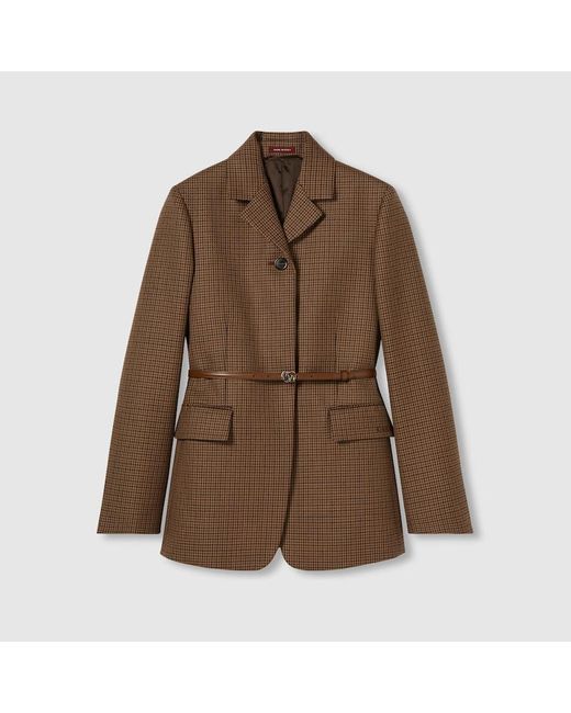 Gucci Brown Houndstooth Wool Jacket With Embroidery