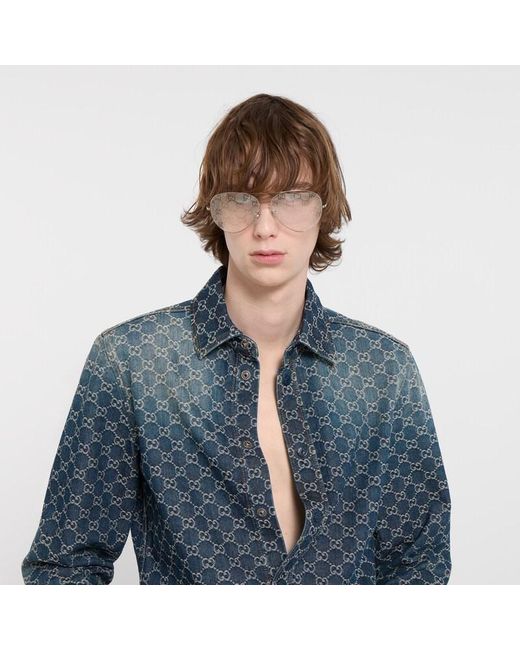 Gucci Blue Gg Cotton Denim Jacquard Shirt for men