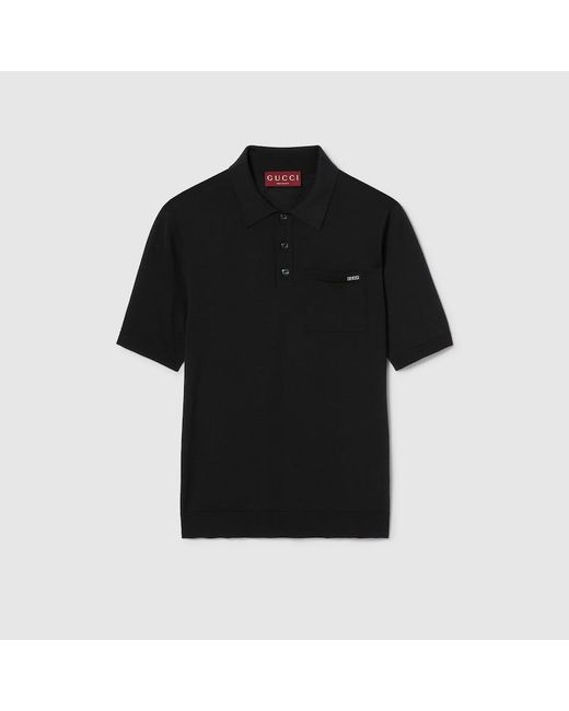 メンズ Gucci インターシャ ファインウールニット ポロトップ, ブラック, ウェア Black