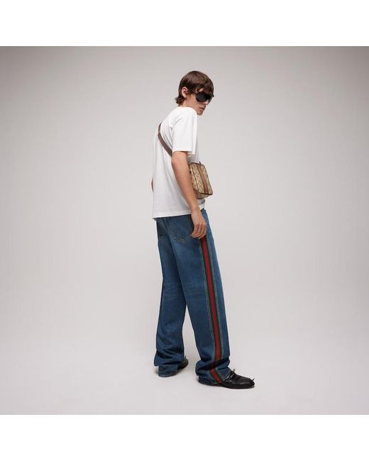 Gucci Blue Cotton Denim Pants With Web Insert for men