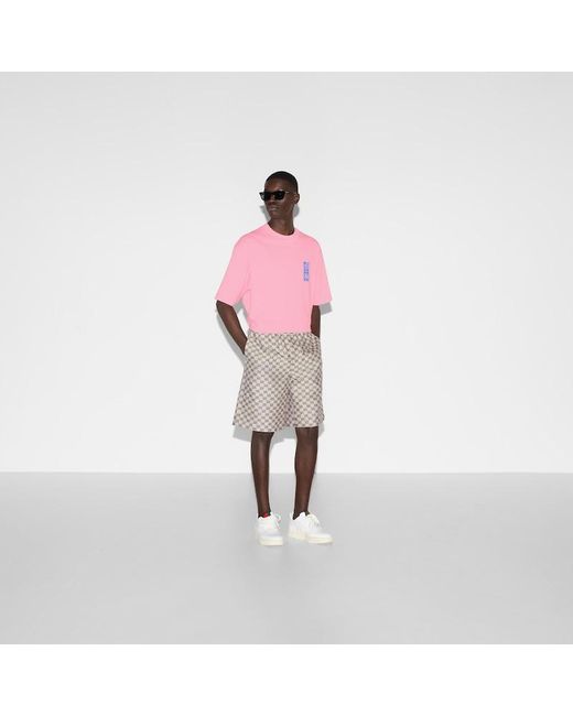 T-shirt In Jersey Di Cotone Con Stampa di Gucci in Pink da Uomo