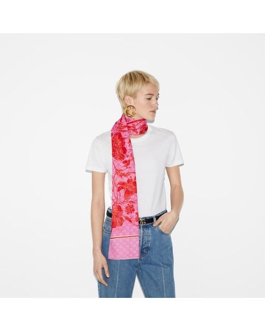 Gucci Pink Halstuch Aus Seide Und Baumwolle Mit GG Blumen-Print
