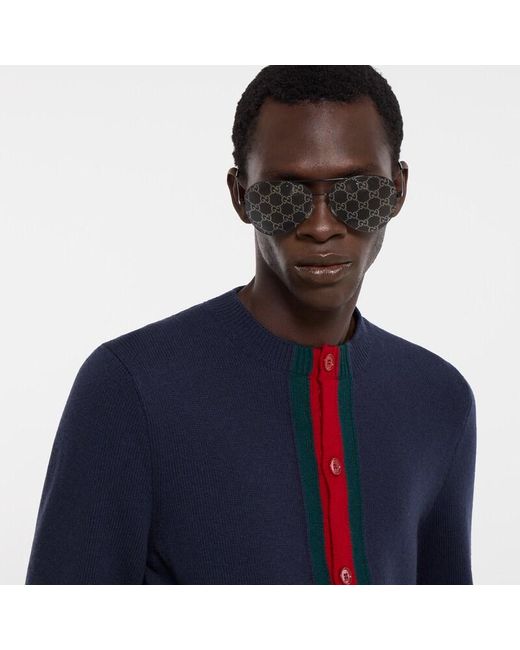Gucci Blue Knit Wool Cardigan With Web for men