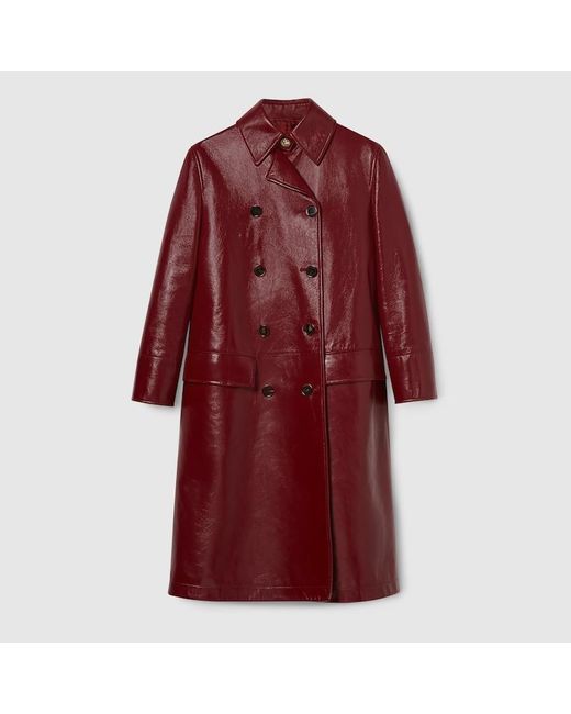 Gucci シャイニーレザー ダブルブレスト コート, ボルドー, ウェア Red