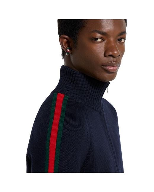 Gucci Blue Woven Stitch Knit Wool Zip Jacket for men
