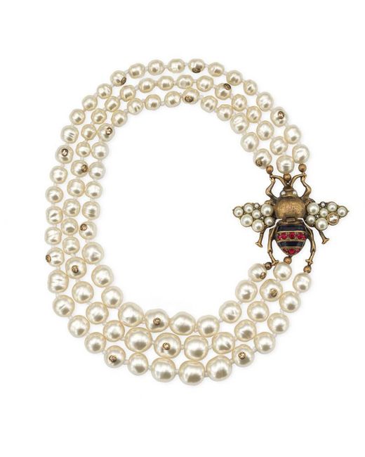 Gucci Multicolor Glass Pearl Necklace With Bee