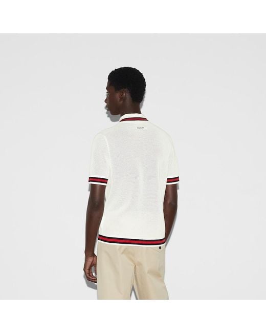 Gucci White Cotton Mesh Knit Polo Shirt for men