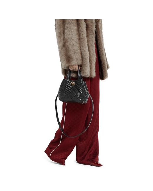 Gucci 〔Ggマーモント〕スモール トートバッグ, ブラック, レザー Black