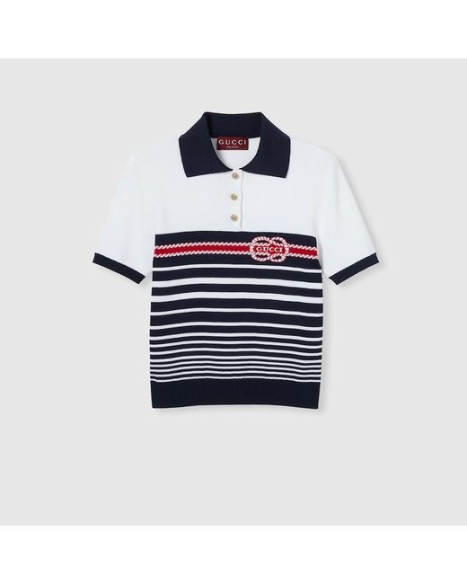 Gucci インターシャ ステッチ コットン ポロトップ, ホワイト, ウェア Blue