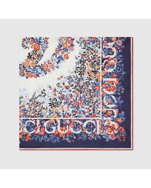 Gucci Blue Interlocking G Floral Print Silk Carré