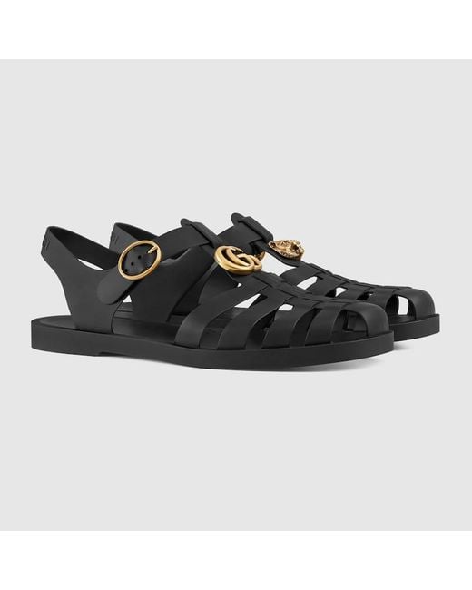 Gucci Black Rubber Marmont And Tiger Embellished Buckle Strap Sandals for men