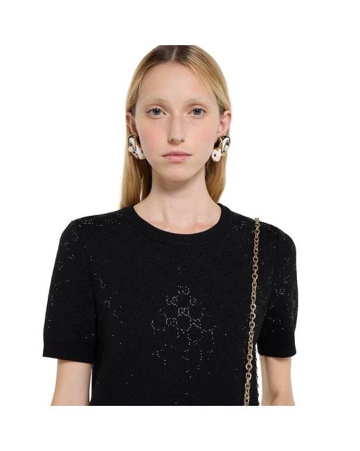 Gucci Black Fine Wool Dress With Gg Crystals
