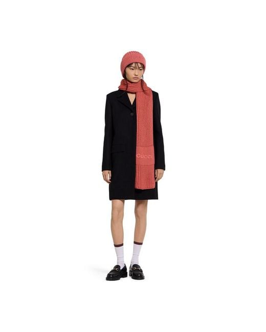Gucci Red Wool Cashmere Scarf With Embroidery