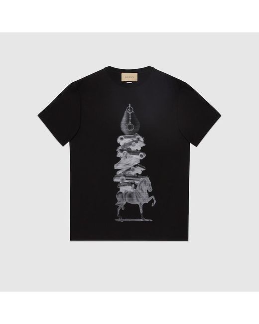 Camiseta Estampada de Punto de Algodón Gucci de color Black