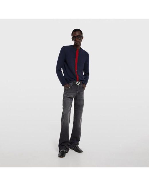 Gucci Blue Knit Wool Cardigan With Web for men