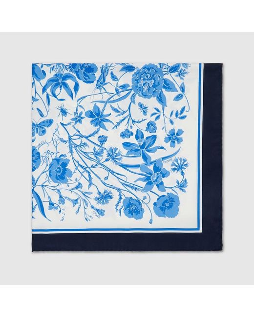 Foulard In Seta Con Stampa Floreale di Gucci in Blue