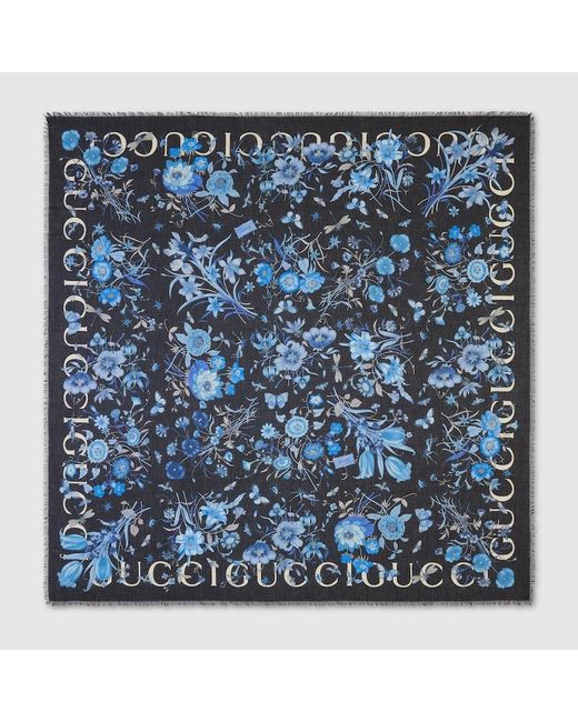 Gucci Blue Schultertuch Mit Blumen-Print