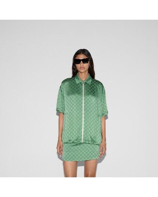 Gucci Ggサテン リラックスフィット ジップ シャツ, グリーン, ウェア Green
