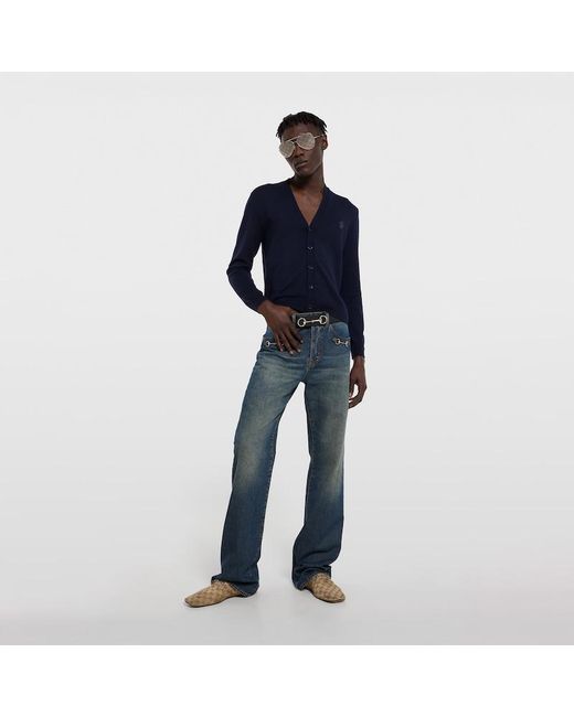 Gucci Blue Knit Wool Cardigan With Embroidery for men