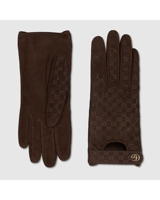 Gucci Brown Gg Leather Gloves With Double G