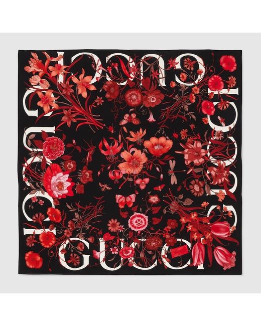 Gucci Red Vierecktuch Aus Seide Mit Blumen-Print