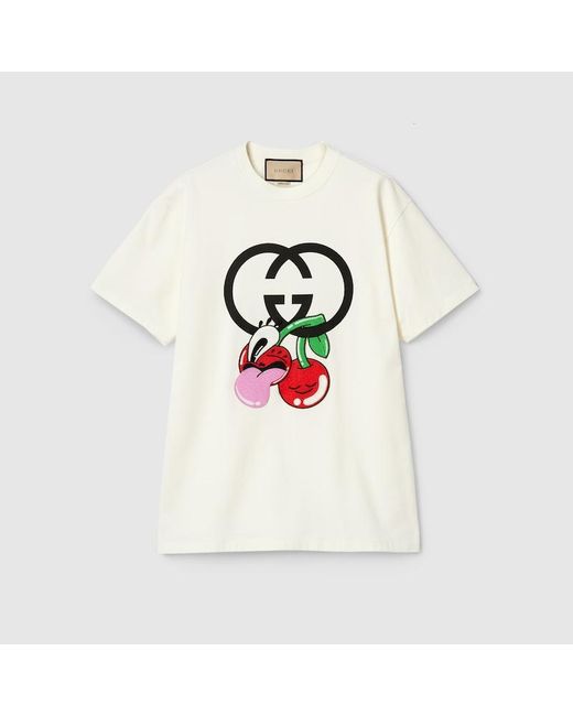 T-shirt Stampata In Jersey Di Cotone di Gucci in White