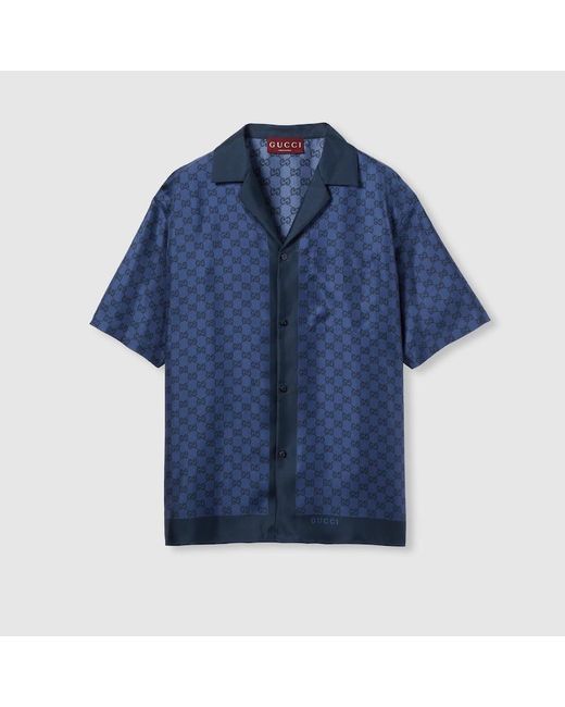 Gucci Blue Printed Silk Twill Bowling Shirt for men