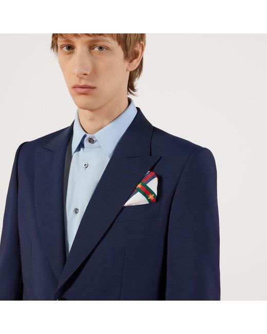 Gucci White Bee Pattern Silk Pocket Square for men