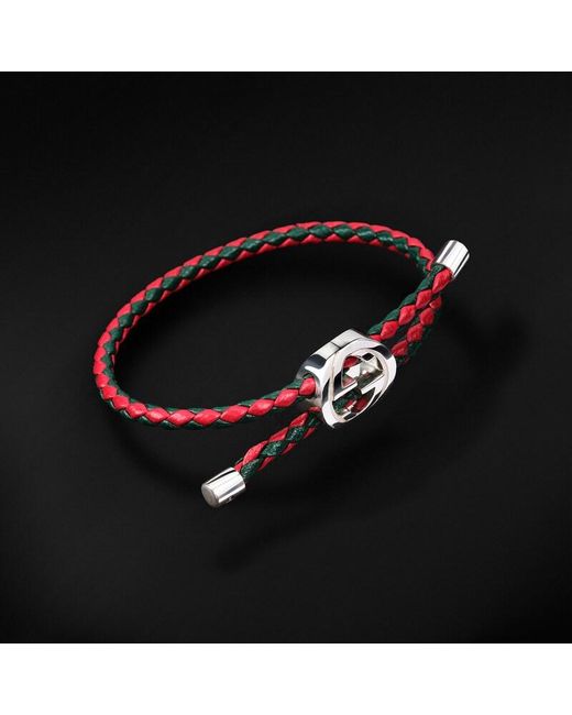 Gucci Red Braided Leather Bracelet With Web