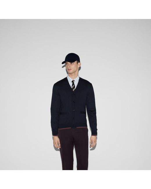 Gucci Blue Wool Knit Cardigan With Web for men